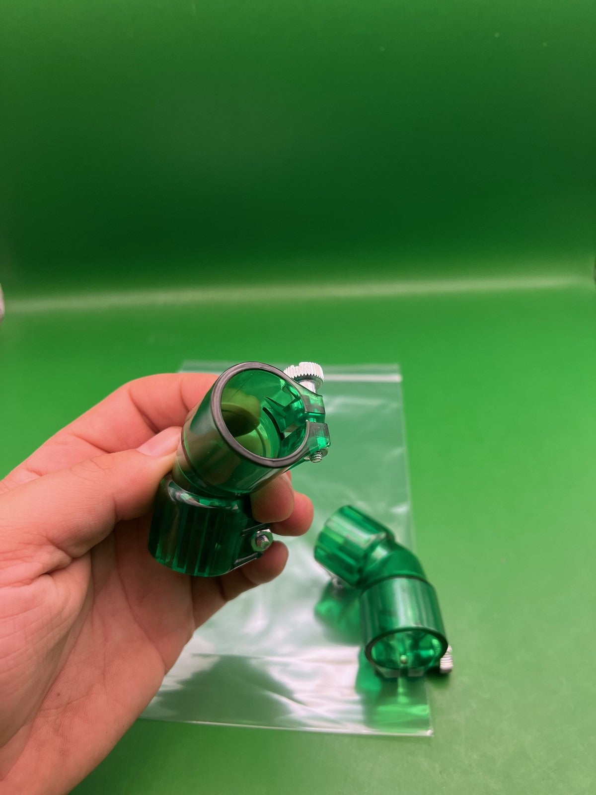 Pair of 2 Green Paintball Right Feed Elbows - used paintball feed elbow - transparent green
