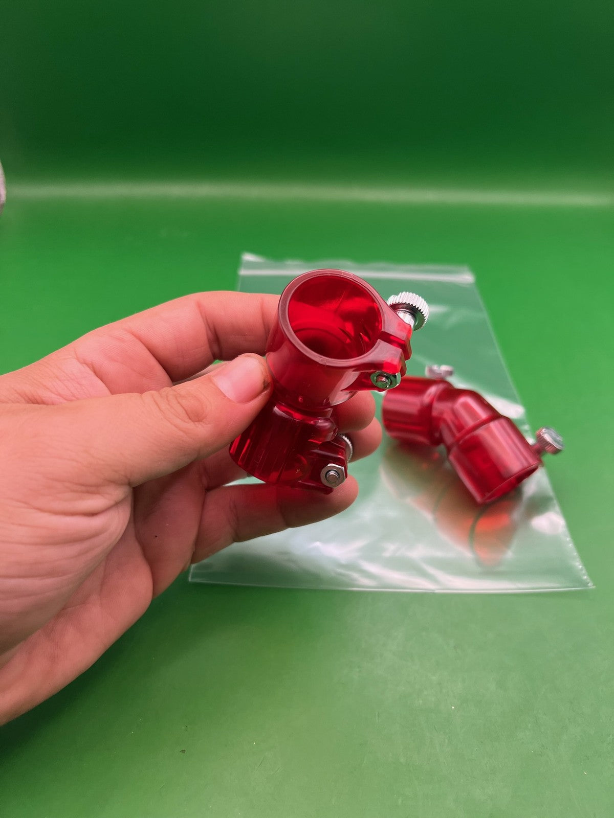 Pair of Two Red Paintball Right Feed Elbows - used paintball feed elbow - red