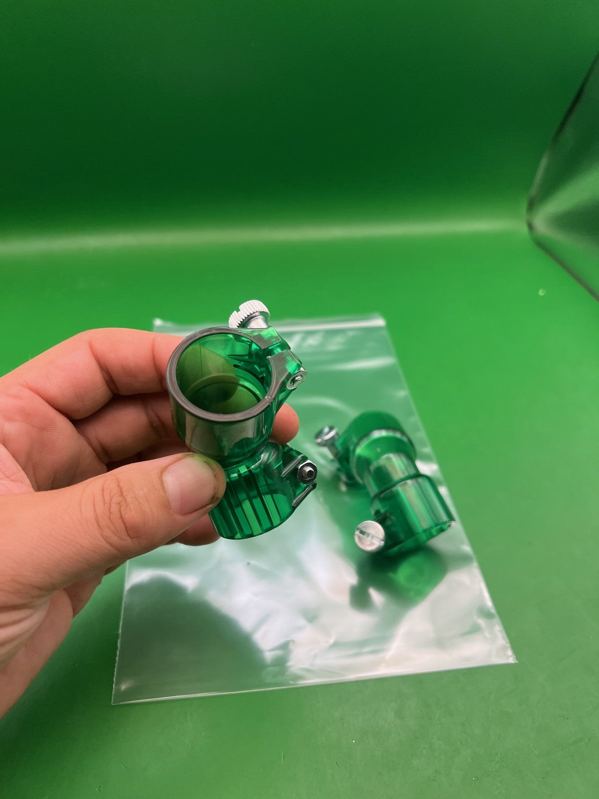 Green Paintball Elbows - x2 - used paintball feed elbow / neck elbow - transparent green