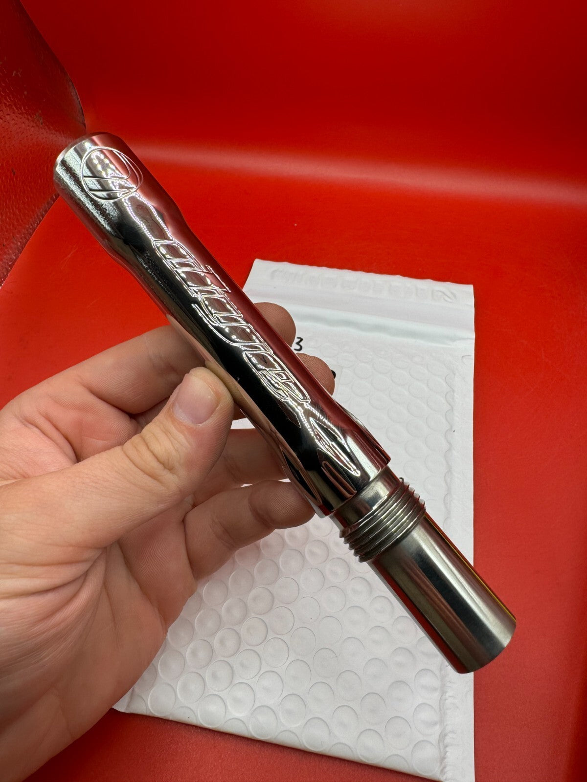Dye SS Angel Threaded .688 Paintball Barrel Back - used paintball barrel back - silver/red anno