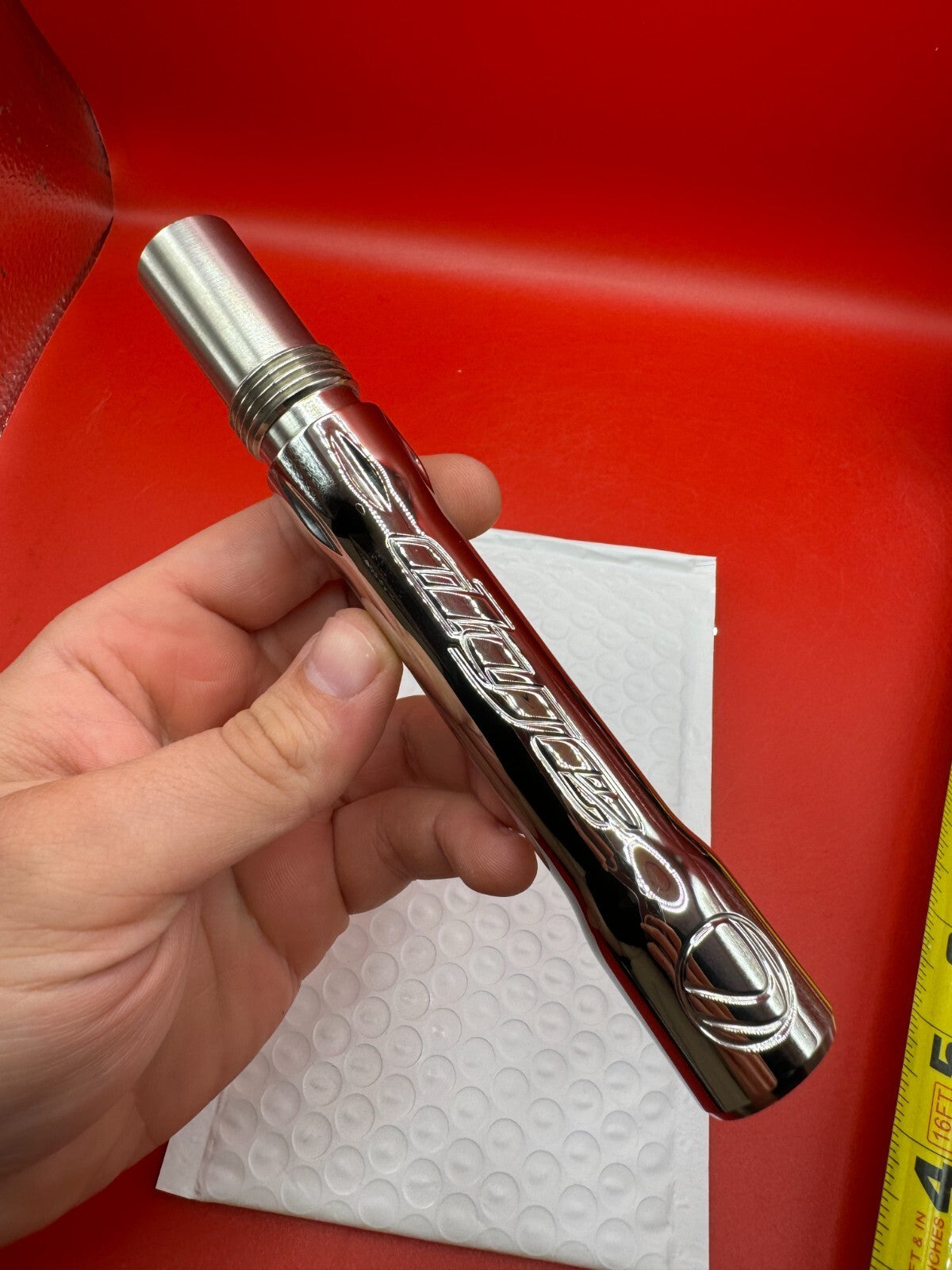 Dye SS Angel Threaded .688 Paintball Barrel Back - used paintball barrel back - red anno/silver chrome