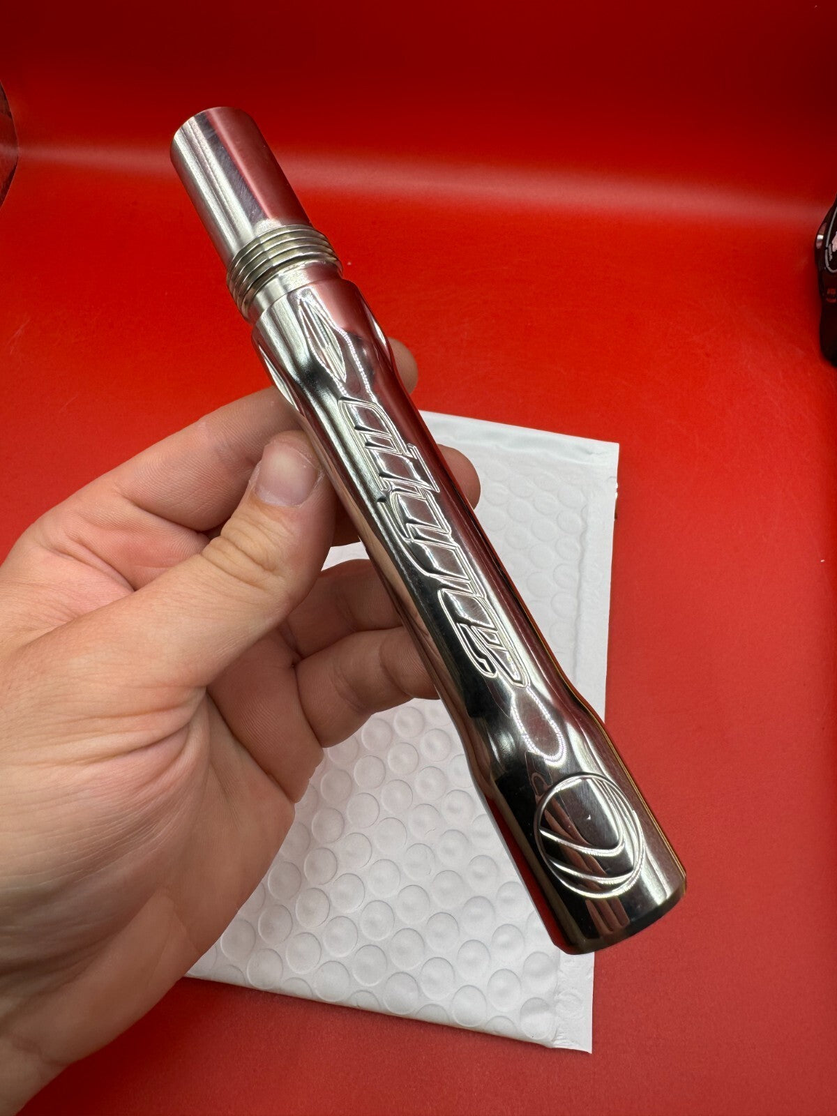 Dye SS Angel Threaded .688 Paintball Barrel Back - used paintball barrel back - silver/red anno