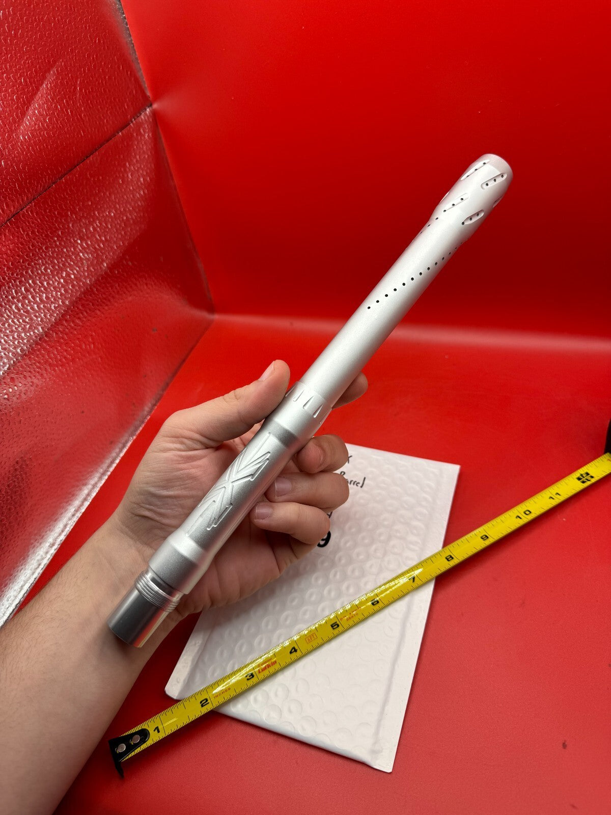 System X 12 Inch Paintball Barrel 689 Bore AC Thread - used paintball barrel - silver