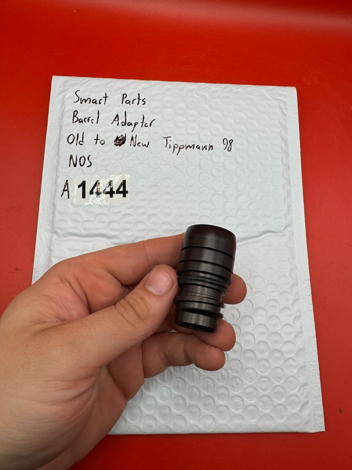 Smart Parts Barrel Adapter Old to New Tippmann 98 NOS - used paintball barrel thread adapter - black