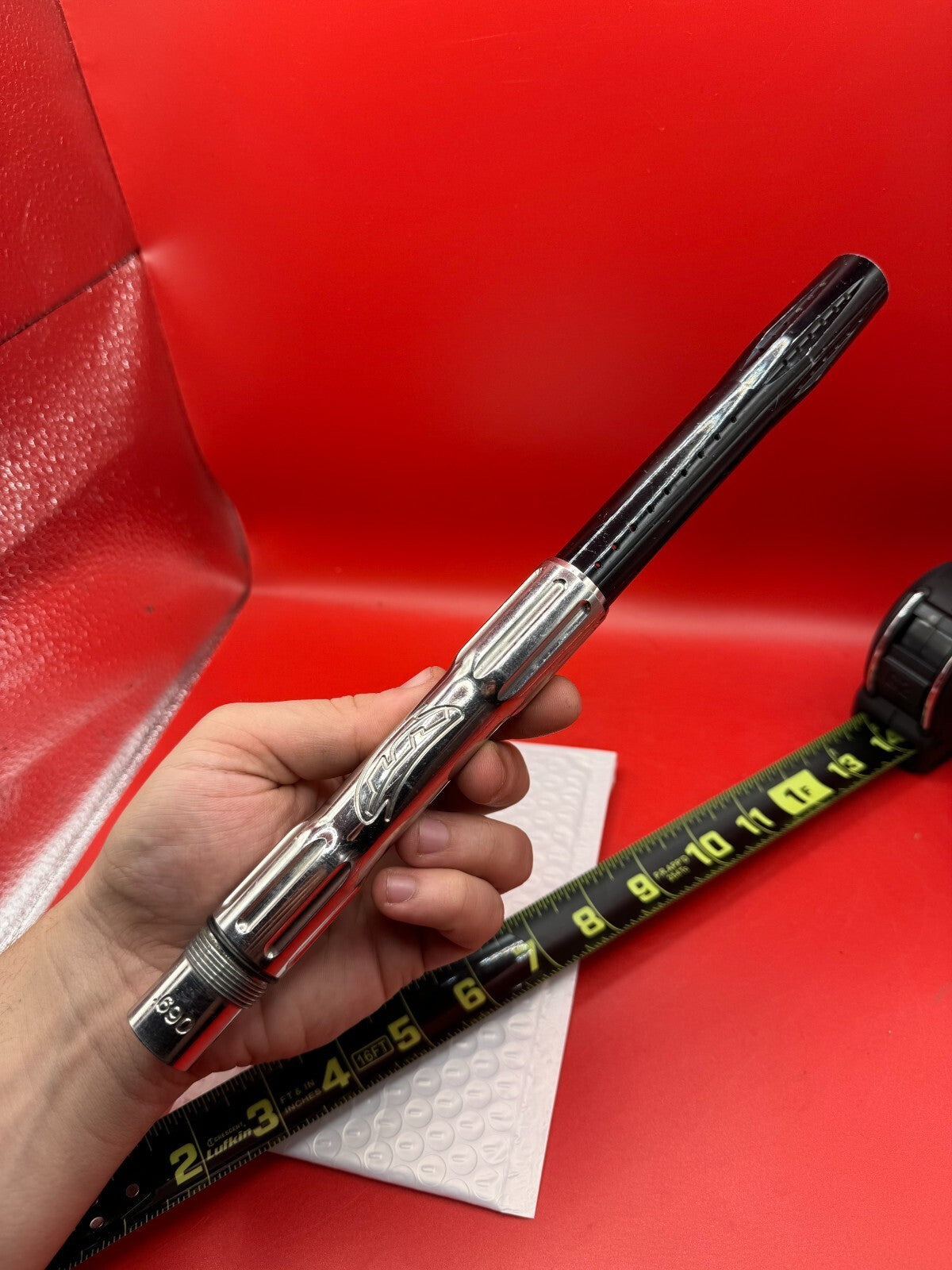 JT Paintball 12 inch Barrel 690 Bore AC Thread - used paintball barrel (one-piece) - black anodized body / silver polished threaded insert