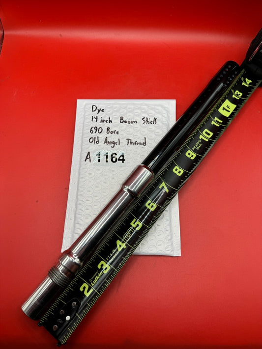 Dye 14 inch Boom Stick 690 Bore Old Angel Thread - used paintball barrel (two-piece: back + tip) - black anodized barrel tube with red/pink anno back, polished silver chrome mid-section coupler