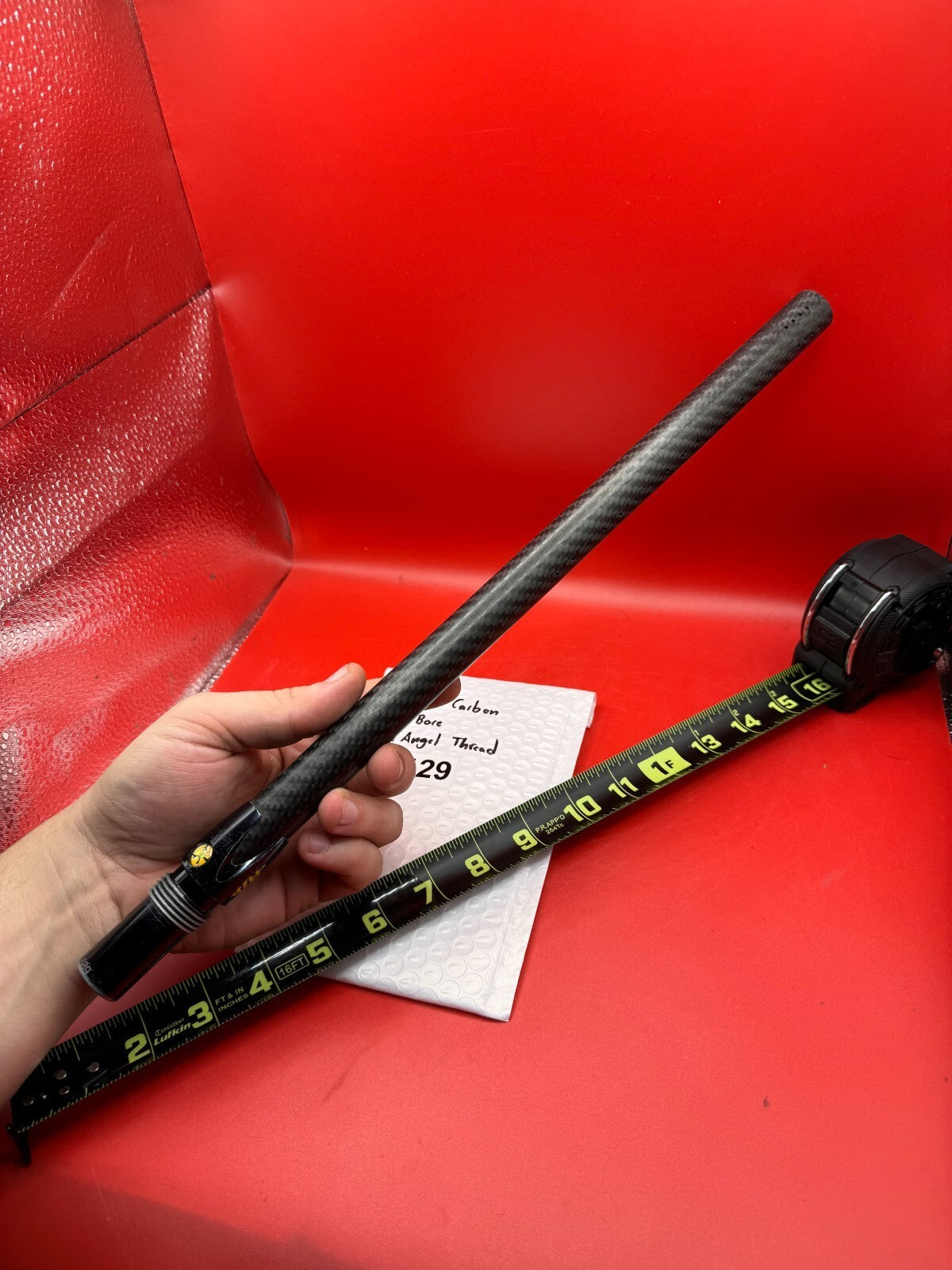 Stiffi 16 inch Carbon 689 Bore Old Angel Thread - used paintball barrel (one-piece) - black carbon fiber with black aluminum back