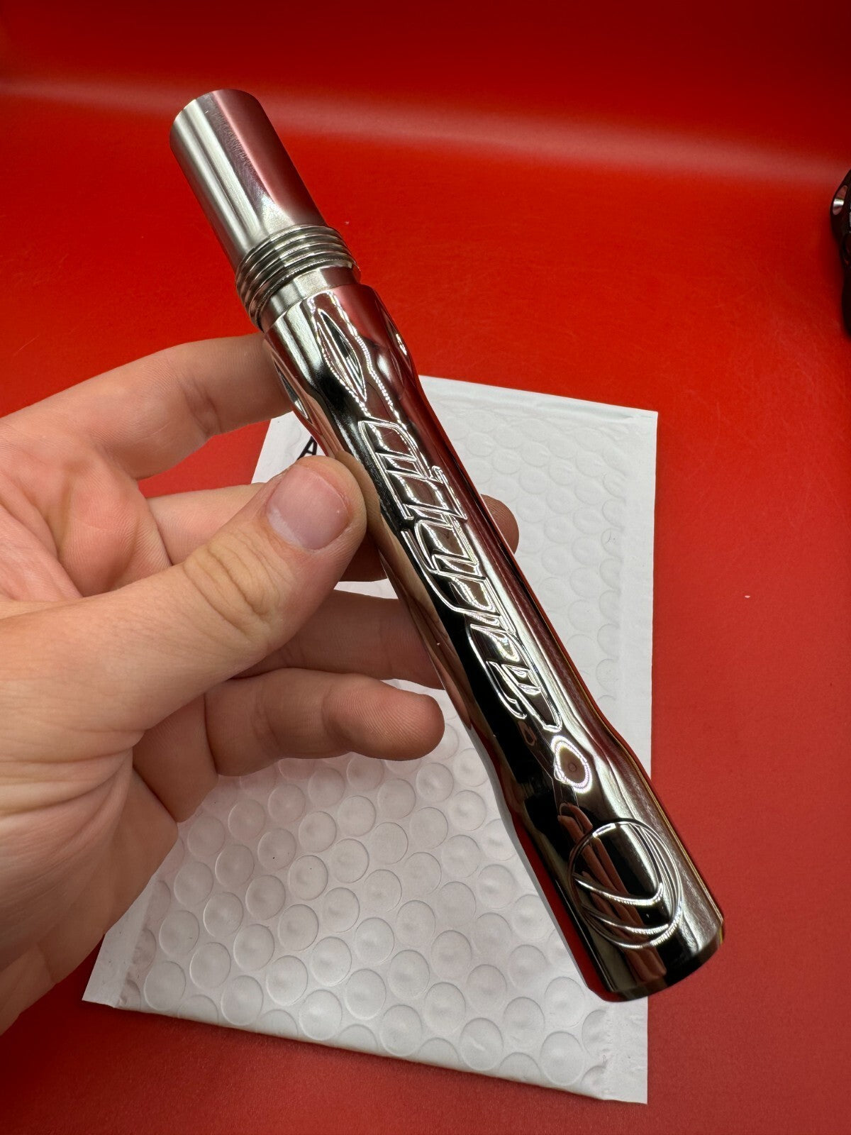 Dye SS Angel Threaded .688 Paintball Barrel Back - used paintball barrel back - red/silver