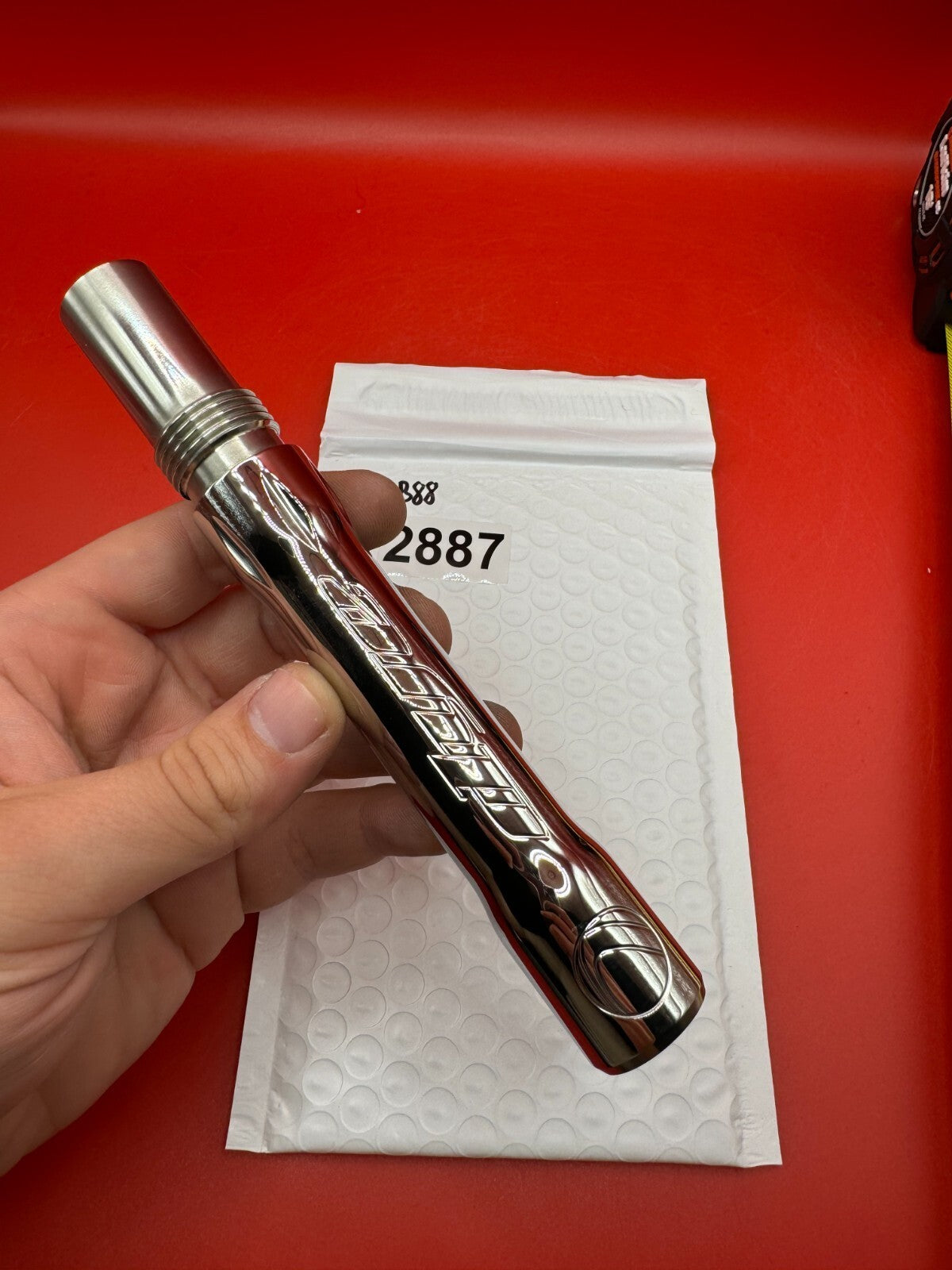 Angel Dye Back .688 Stainless Steel - used paintball barrel back - silver/red anno
