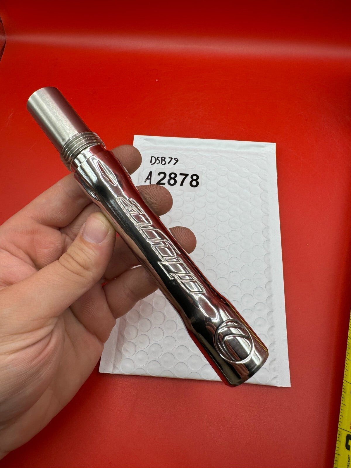 Angel Dye Back .688 Stainless Steel - used paintball barrel back - silver/red anno