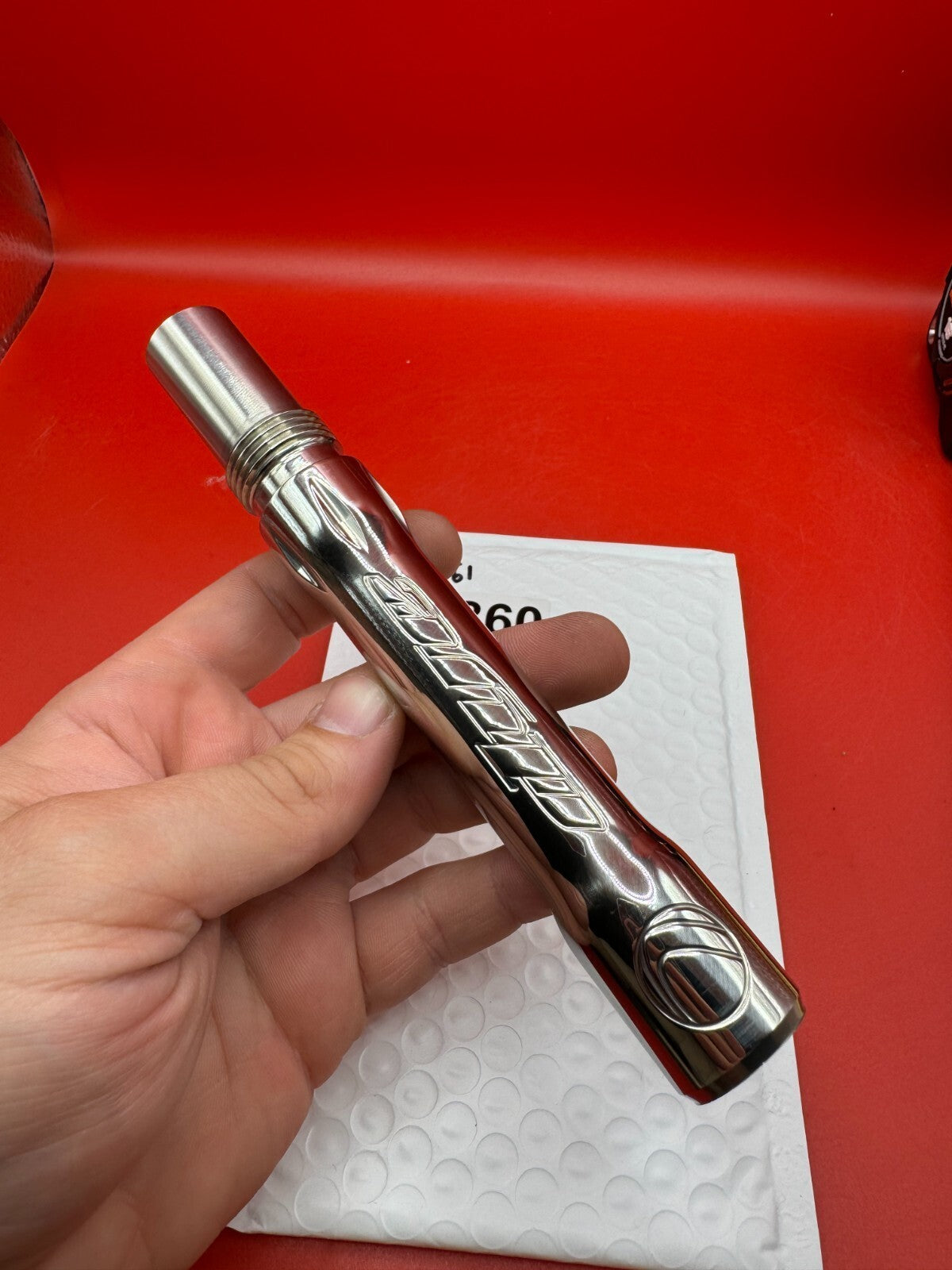 Dye SS Angel Threaded .688 Paintball Barrel Back - Silver - used paintball barrel back - silver/red anno