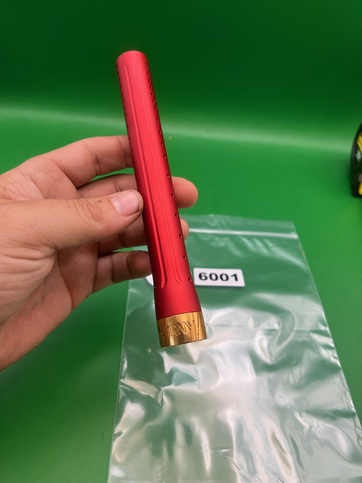 HK Army LAZR Barrel Tip 8" Red Gold - used paintball barrel tip - red/gold
