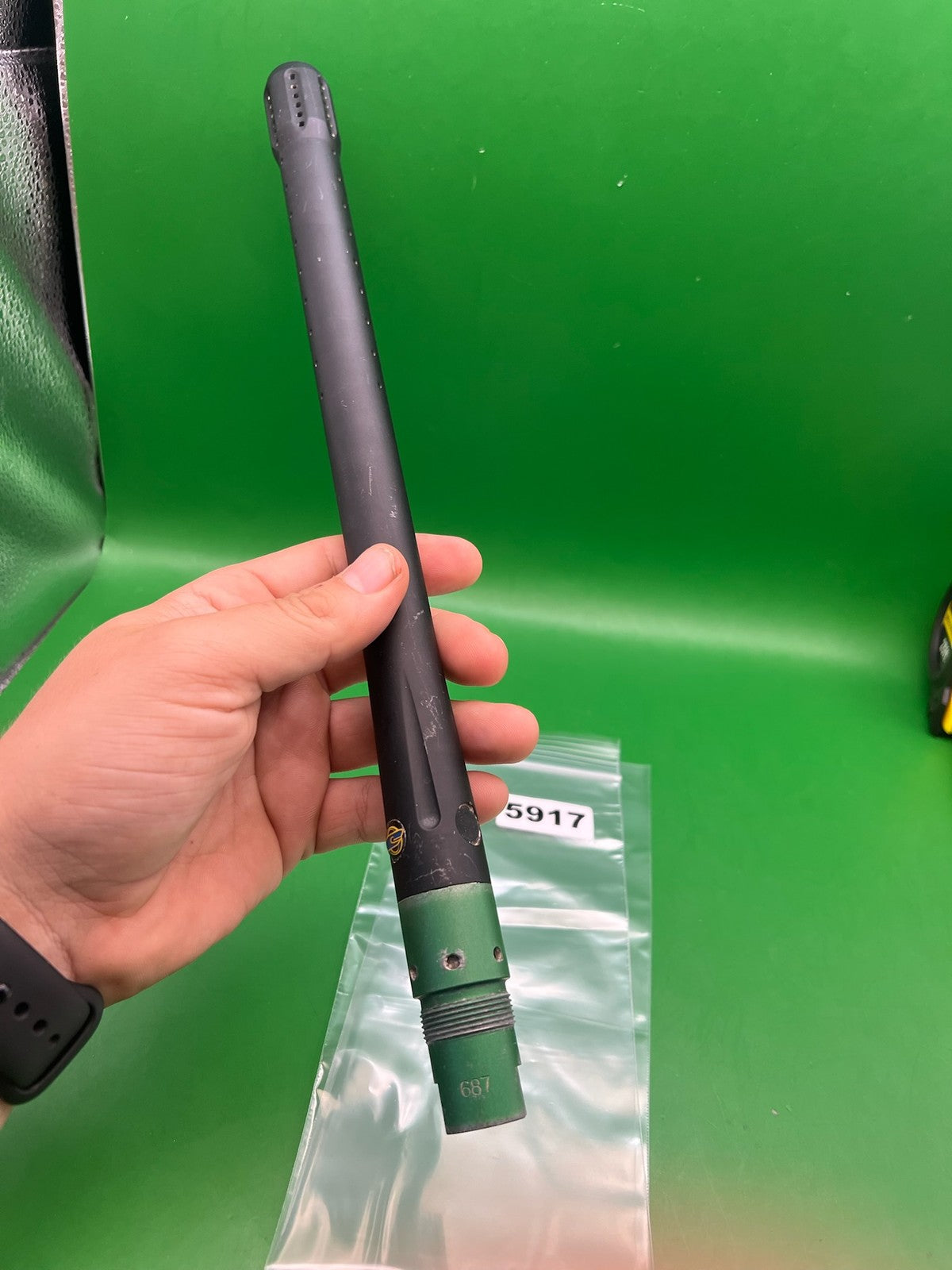 CCM Autococker Barrel  .687 Black Green - used paintball barrel - black/green