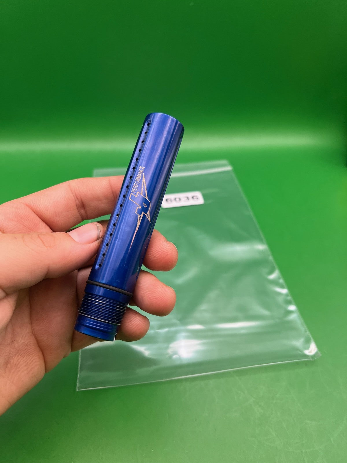 J&amp;J Performance Barrel Back Blue Autococker 4.5" - used paintball barrel back - blue anno