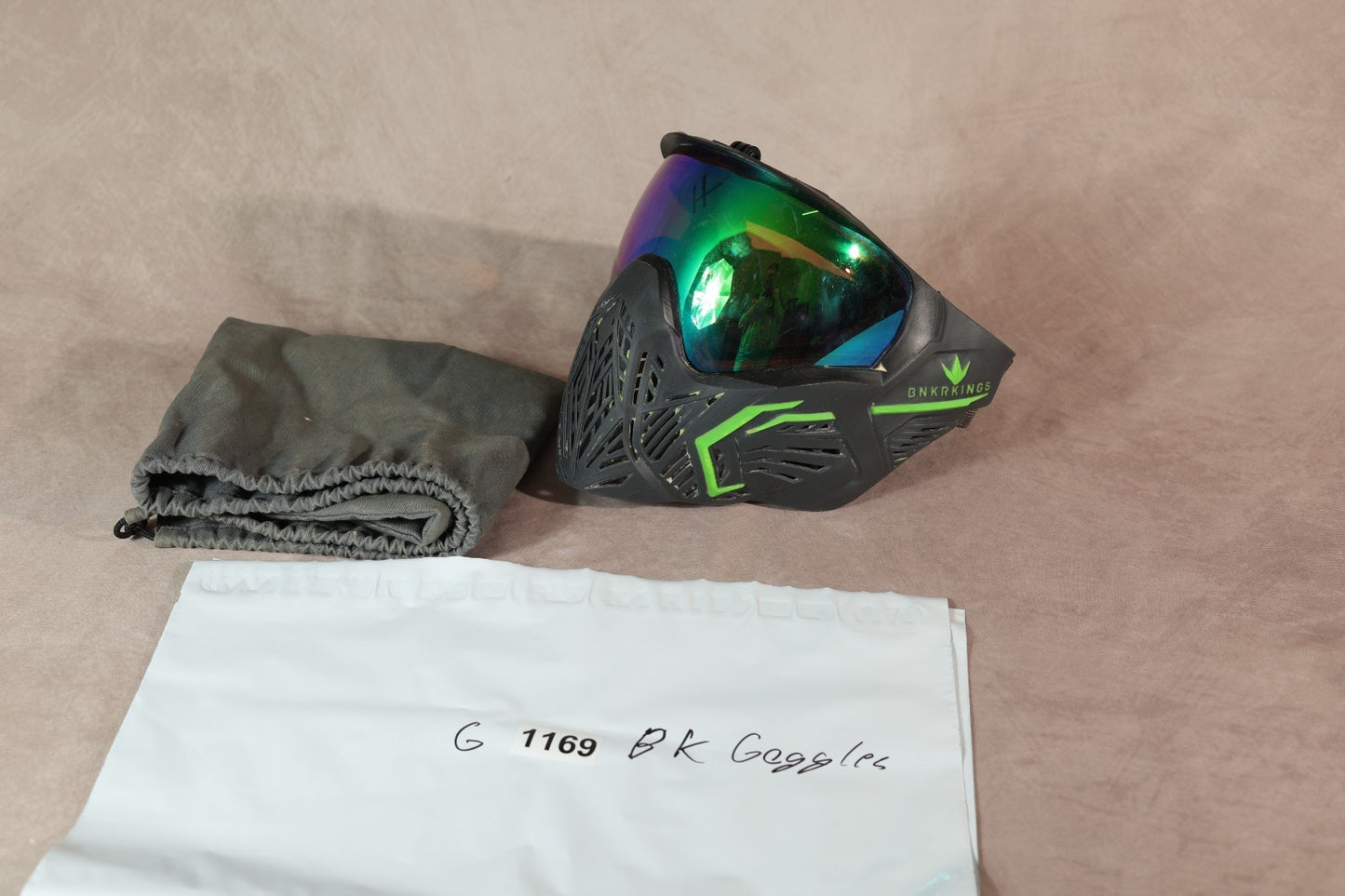 Bunker Kings CMD Paintball Mask Black Green Mirror Lens With Soft Bag
