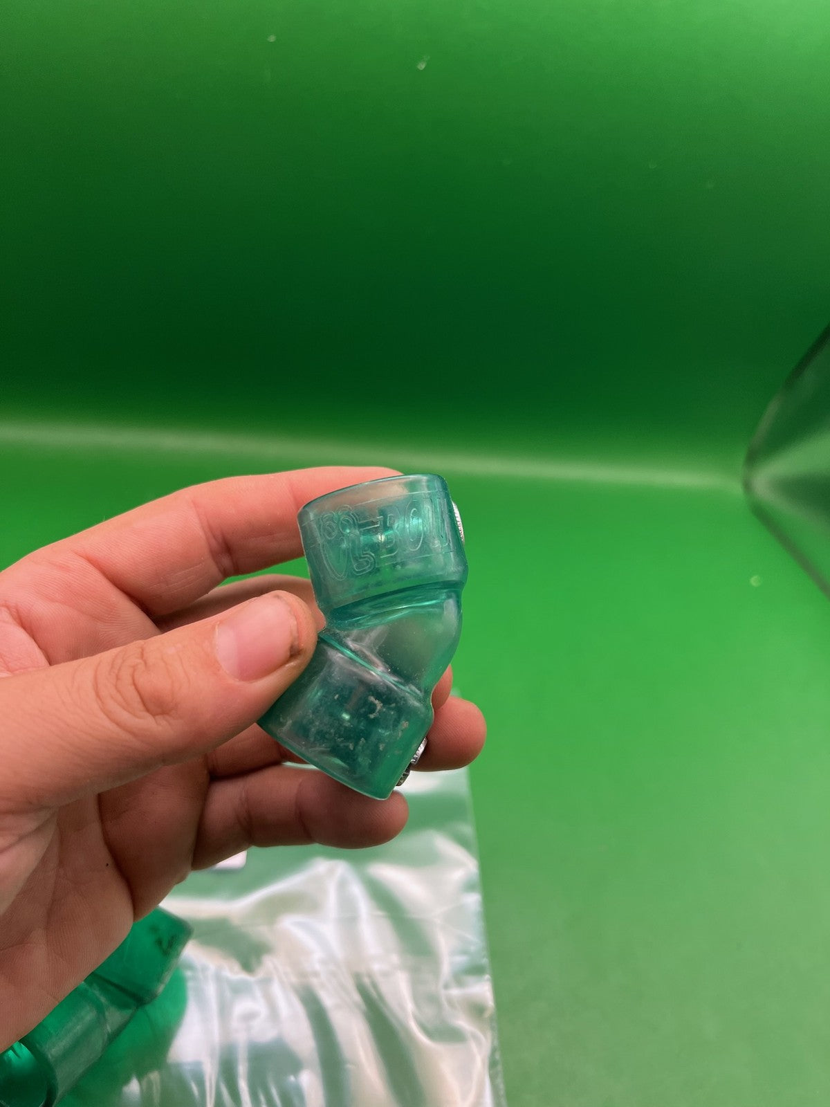 Pair of Two Green Paintball Right Feed Elbows - used paintball feed elbow - translucent green