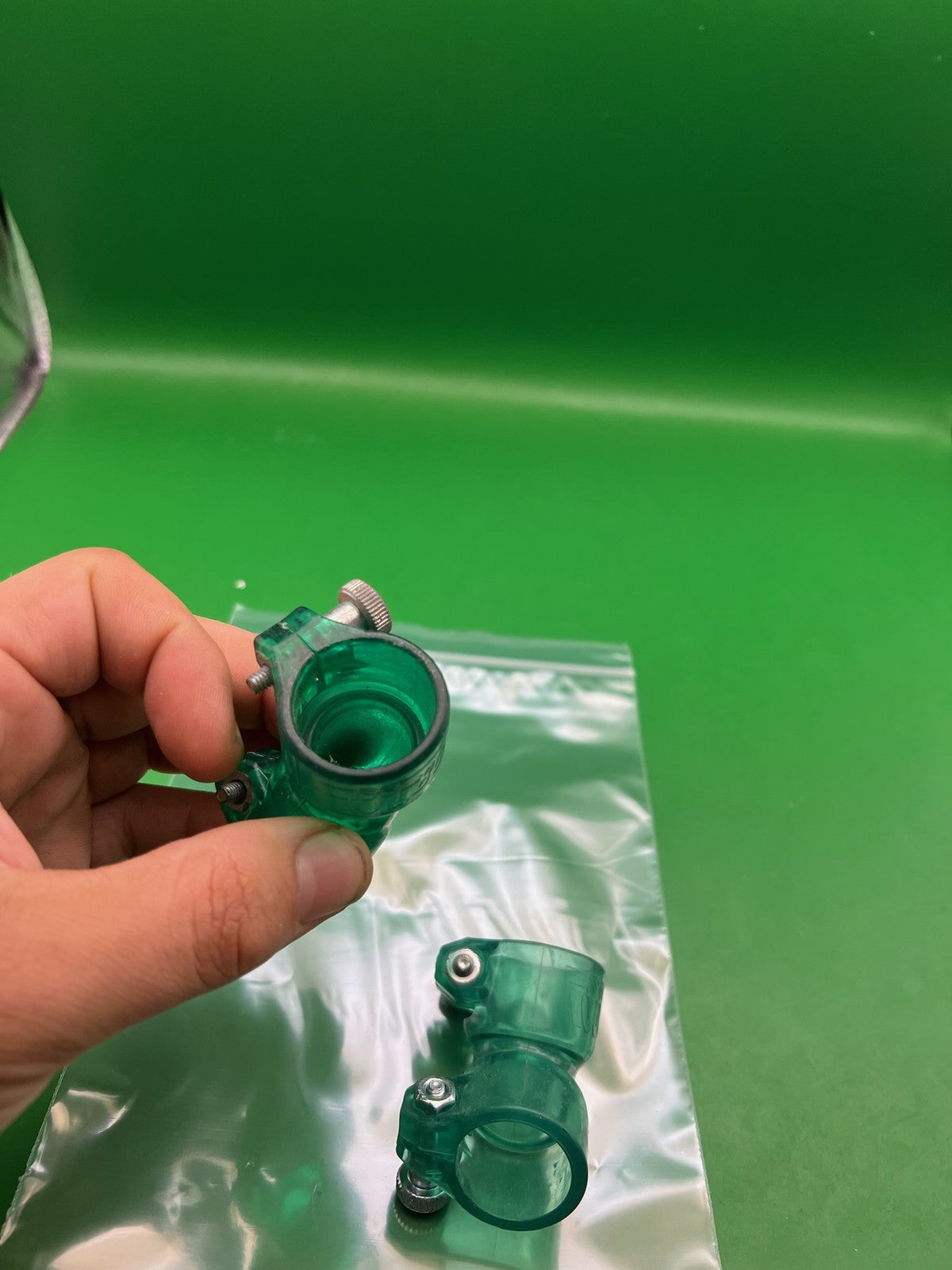 Pair of Two Green Paintball Right Feed Elbows - used paintball feed elbow - translucent green