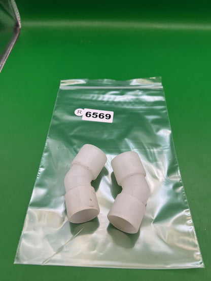 Pair of Two White Paintball Right Feed Elbows - used paintball feed elbow - white