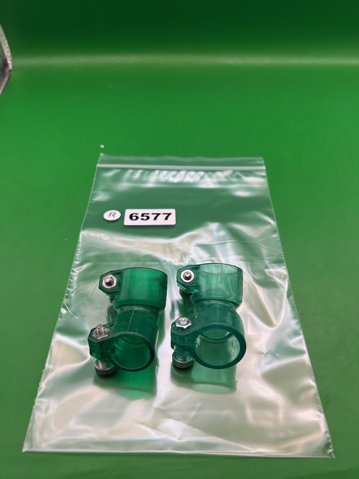 Pair of Two Green Paintball Right Feed Elbows - used paintball feed elbow - translucent green