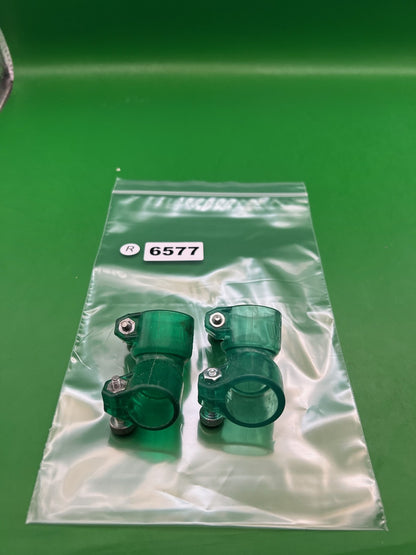 Pair of Two Green Paintball Right Feed Elbows - used paintball feed elbow - translucent green