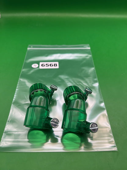 Pair of 2 Green Paintball Right Feed Elbows - used paintball feed elbow - transparent green