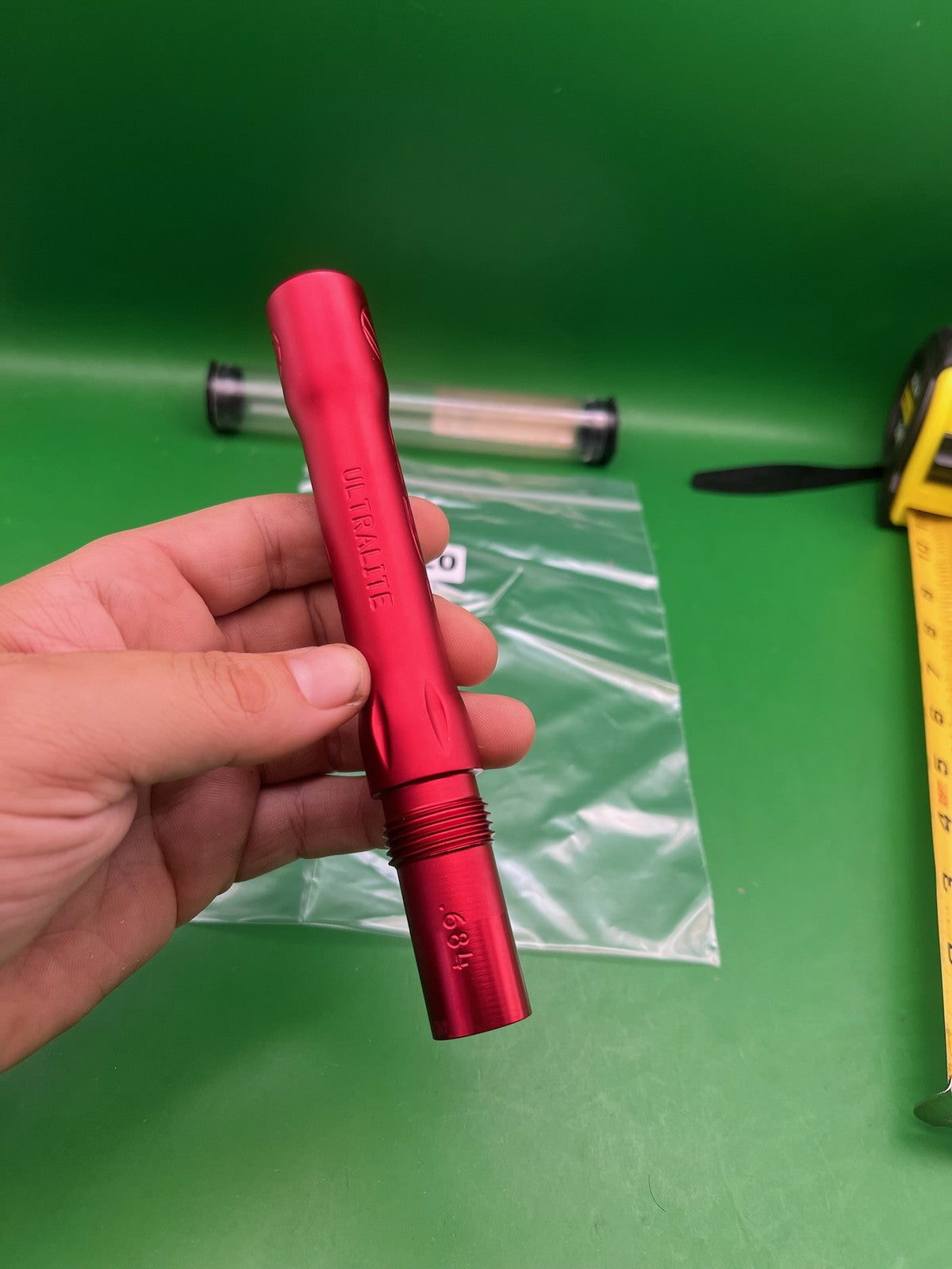 Dye Ultralite Barrel Back Red .689 Angel Threaded - used paintball barrel back - red anno