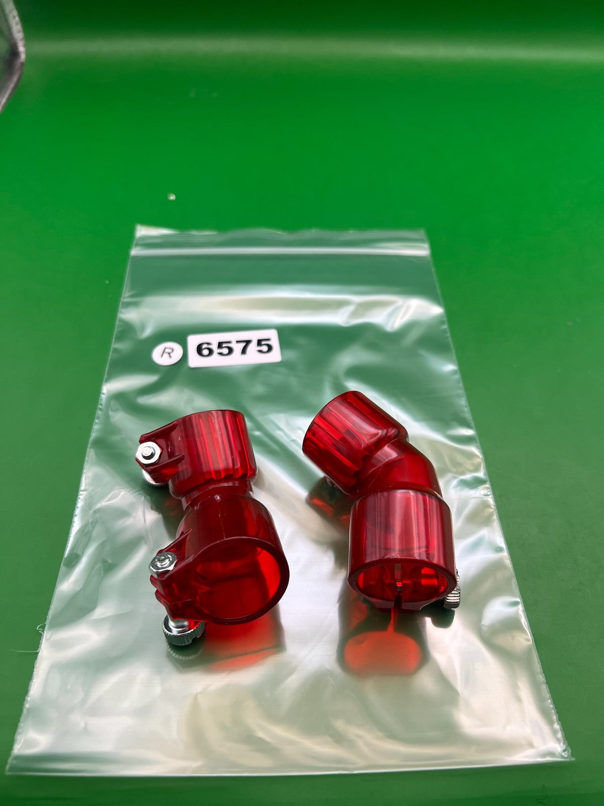 Pair of Two Red Paintball Right Feed Elbows - used paintball feed elbow - red