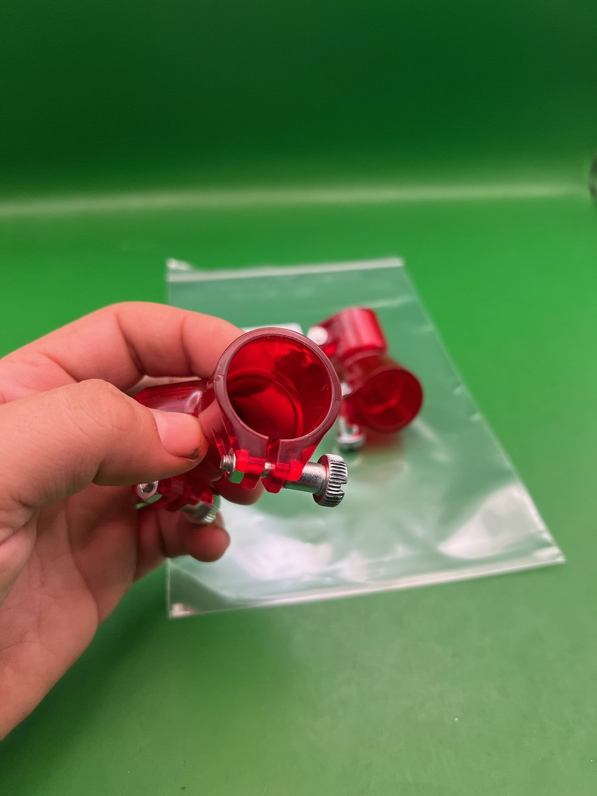 Pair of Two Red Paintball Right Feed Elbows - used paintball feed elbow - red