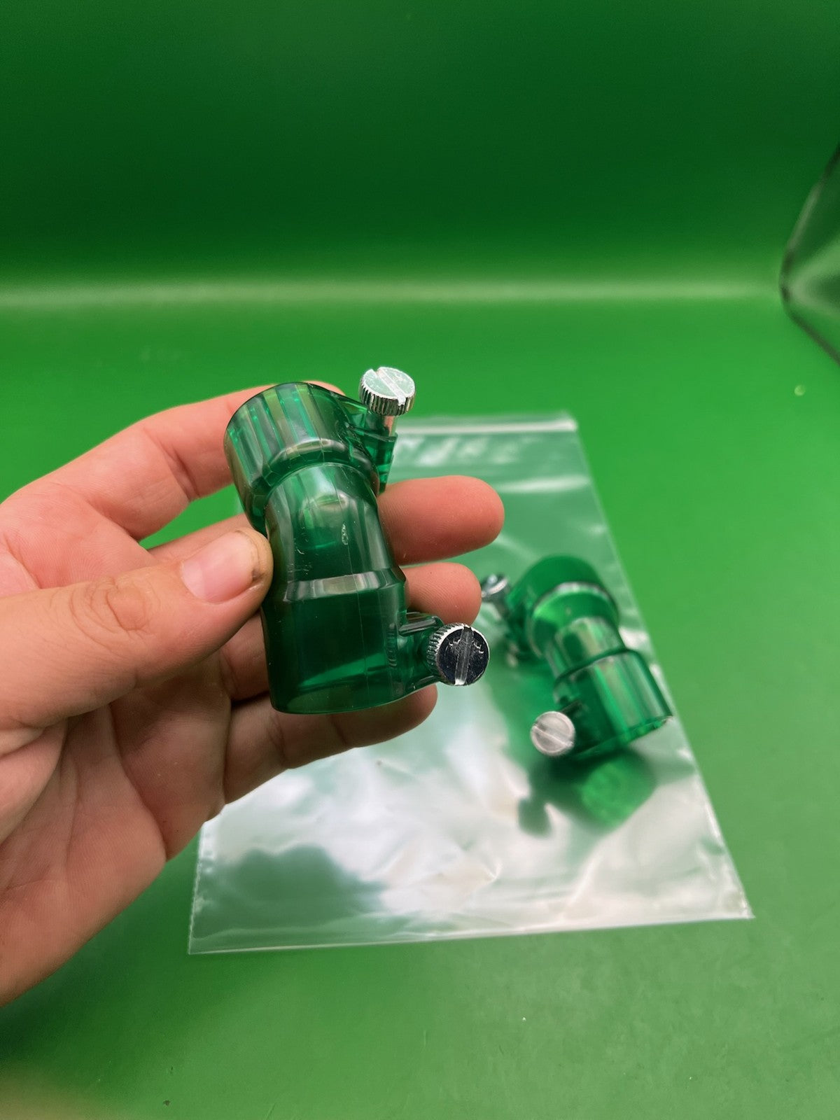 Green Paintball Elbows - x2 - used paintball feed elbow / neck elbow - transparent green