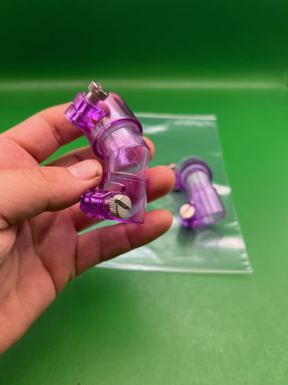 Pair of Two Purple Paintball Right Feed Elbows - used paintball feed elbow - purple