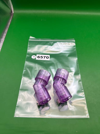 Pair of Two Purple Paintball Right Feed Elbows - used paintball feed elbow - purple