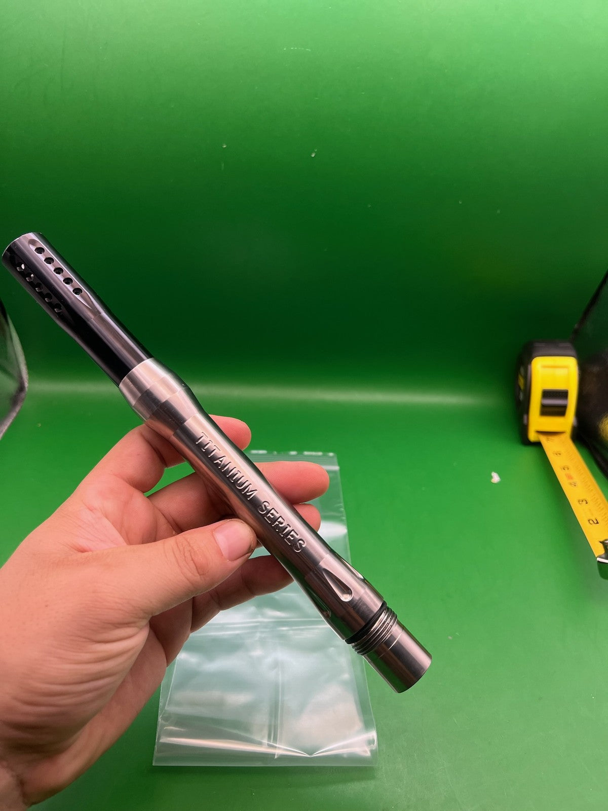 Shocker Dye Titanium Series Barrel Back Black Silver .689 10in - used paintball barrel back - black/silver