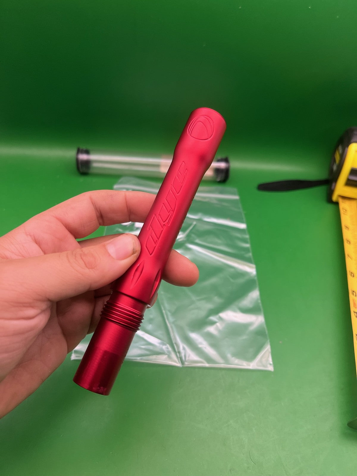 Dye Ultralite Barrel Back Red .689 Angel Threaded - used paintball barrel back - red anno