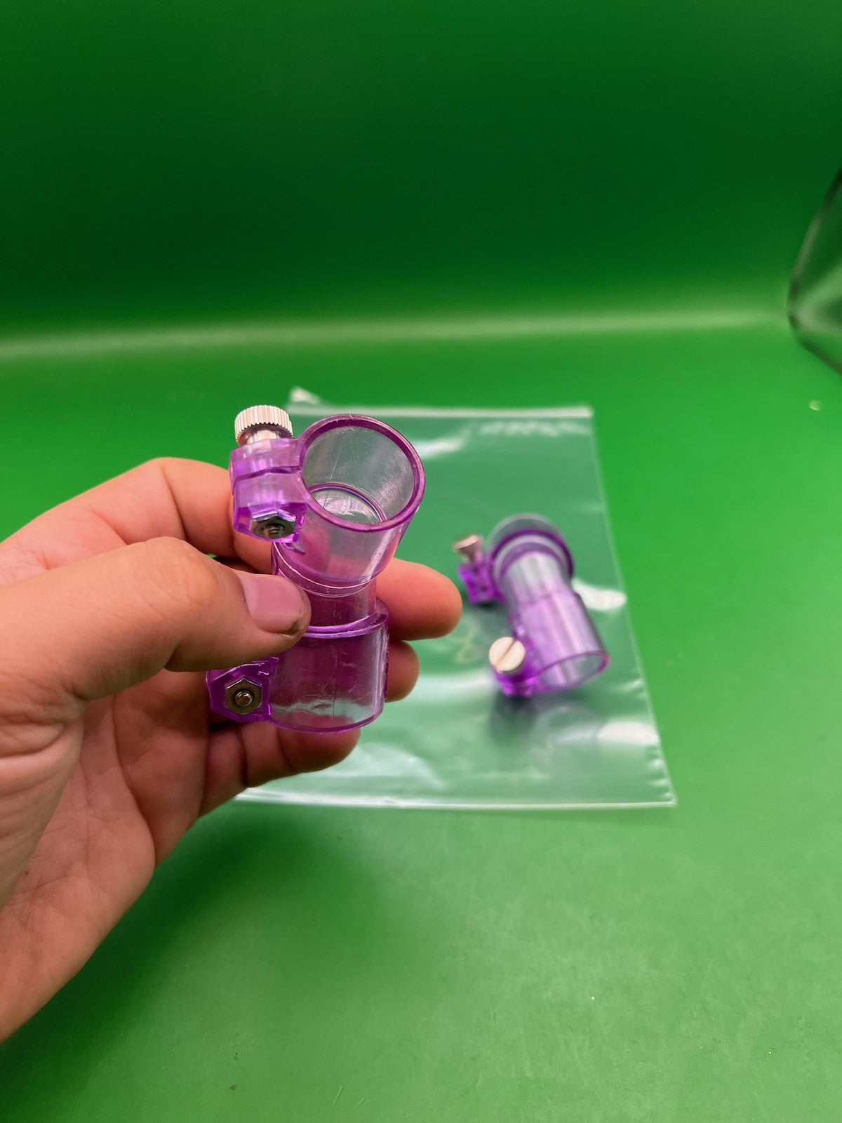 Pair of Two Purple Paintball Right Feed Elbows - used paintball feed elbow - purple