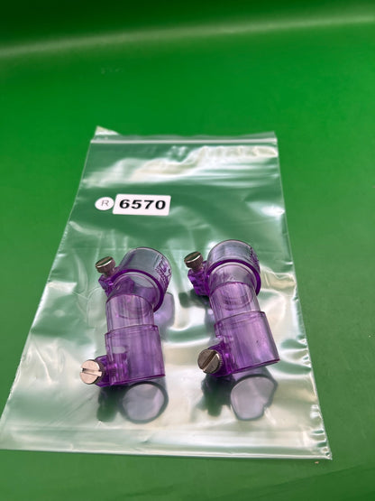 Pair of Two Purple Paintball Right Feed Elbows - used paintball feed elbow - purple
