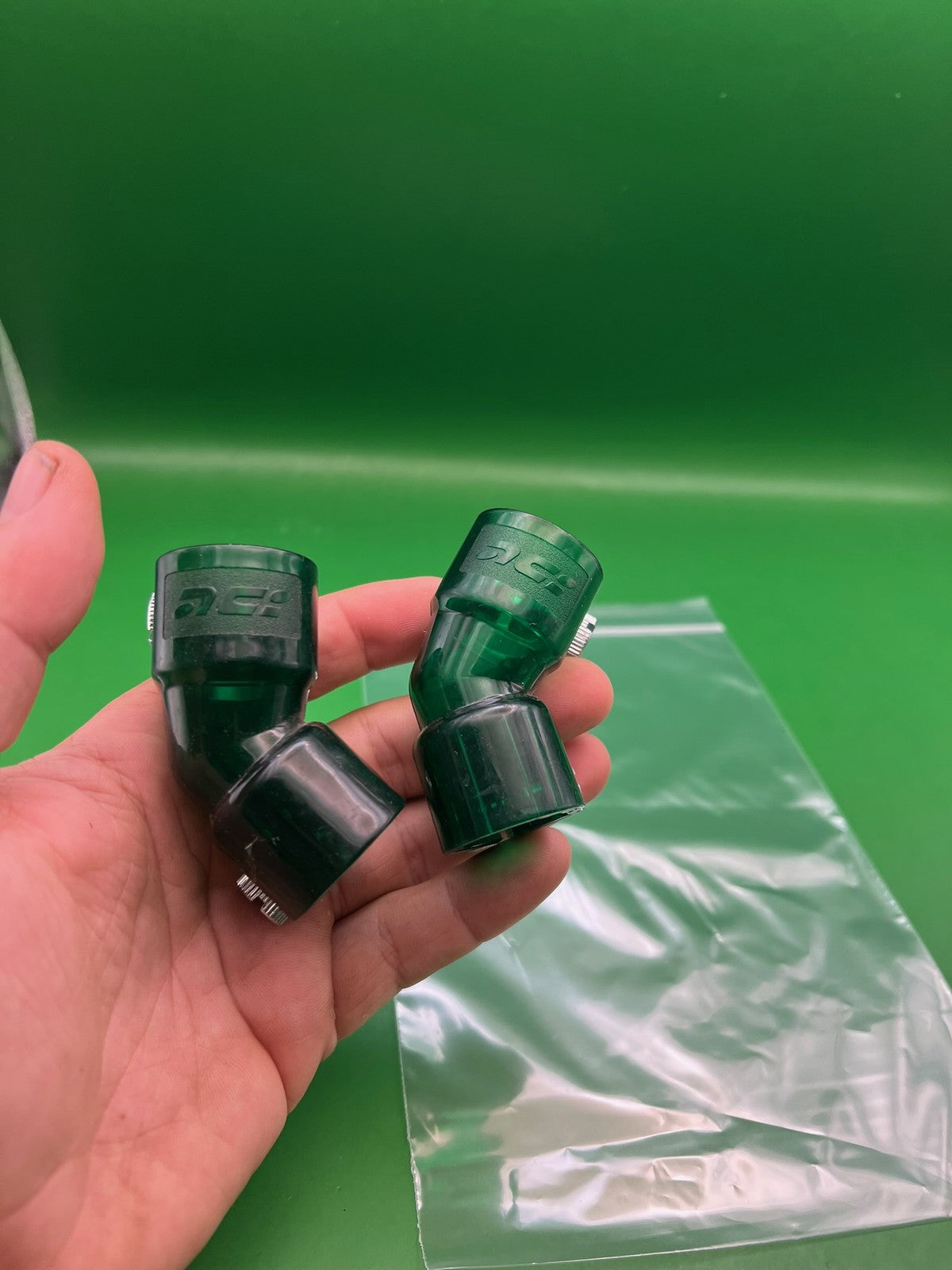 32 Degrees Classic Feedneck Elbow Green Lot of 2 - used paintball feedneck elbow - green