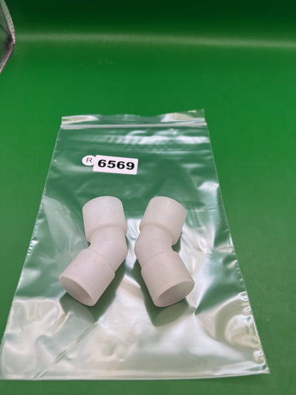 Pair of Two White Paintball Right Feed Elbows - used paintball feed elbow - white