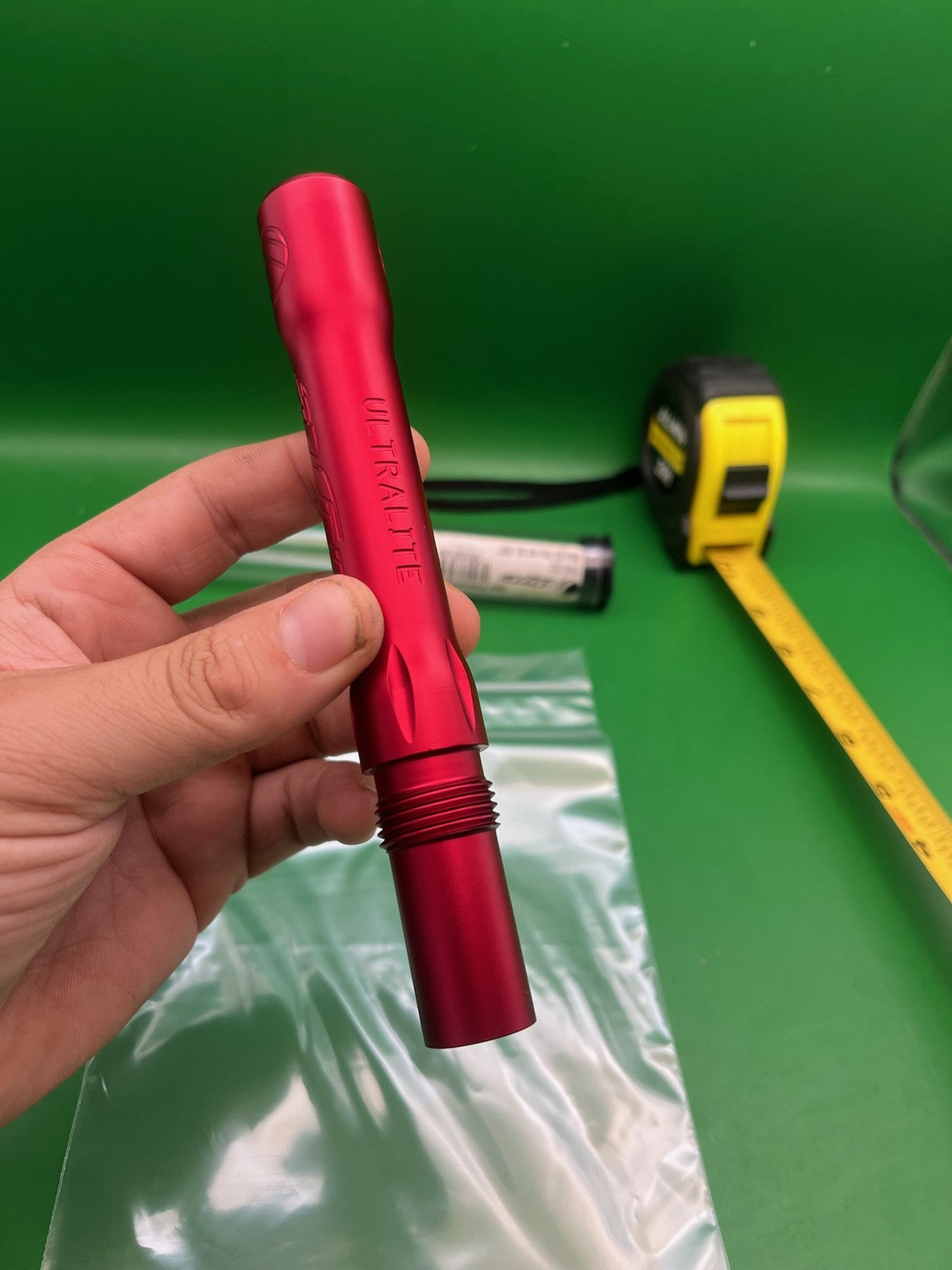 Dye Ultralite Barrel Back Red .692 Angel back - used paintball barrel back - red anno