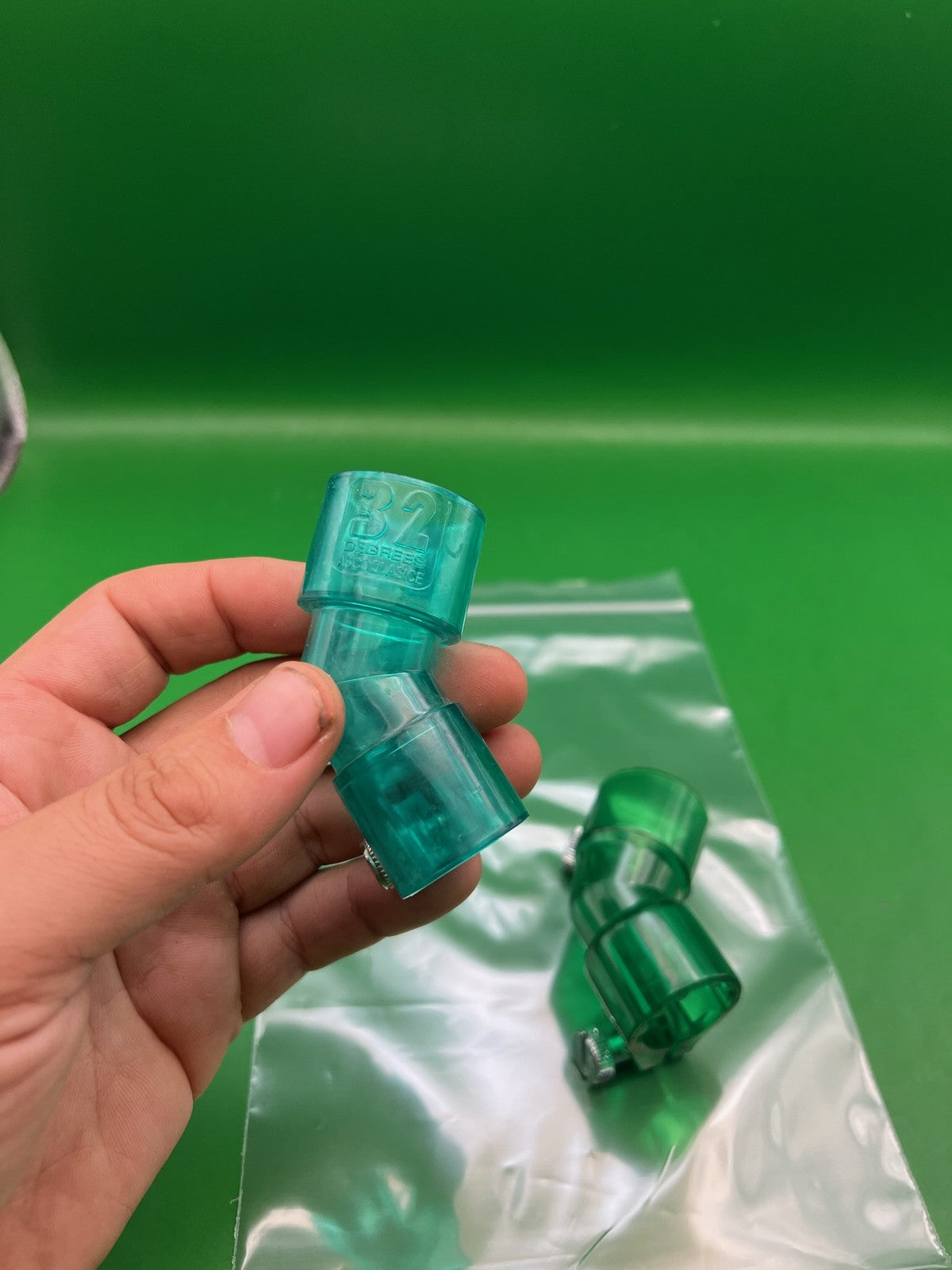 Green Paintball Elbows - x2 - used paintball feedneck elbow - teal / green transparent