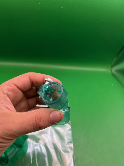 Pair of Two Green Paintball Right Feed Elbows - used paintball feed elbow - translucent green