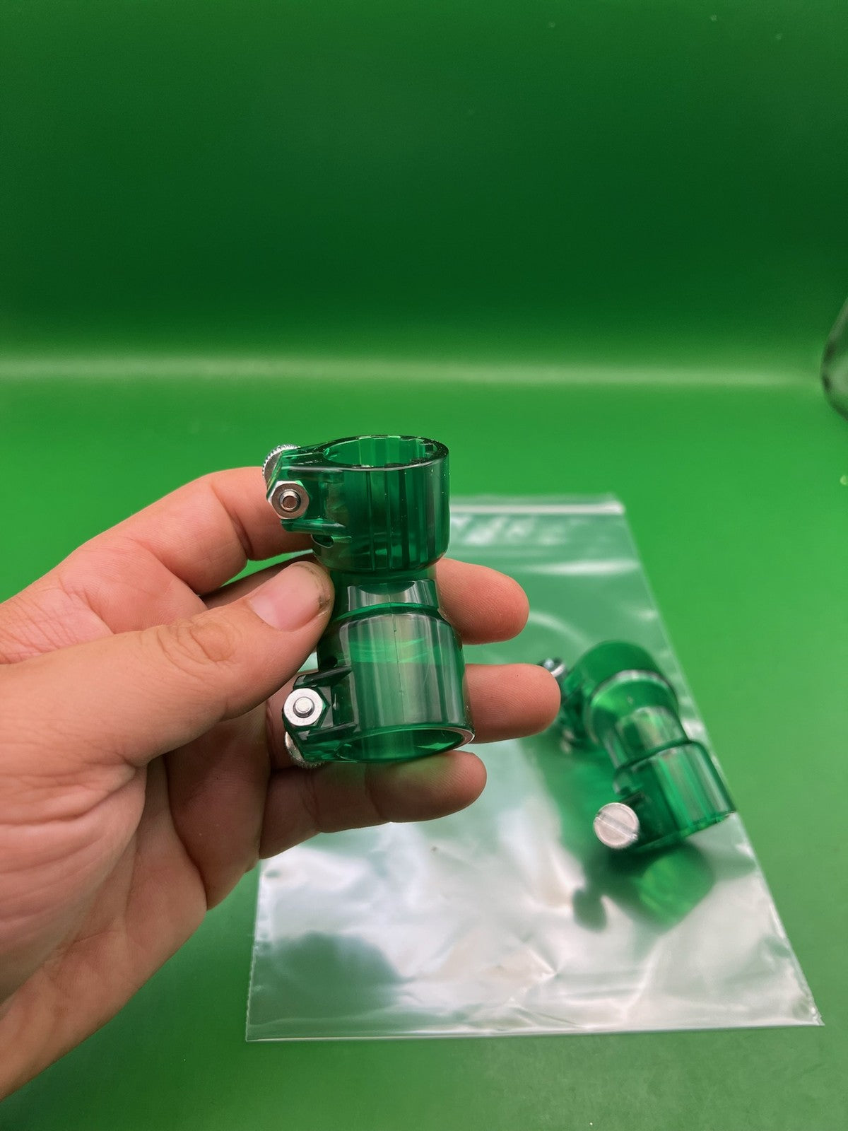 Green Paintball Elbows - x2 - used paintball feed elbow / neck elbow - transparent green
