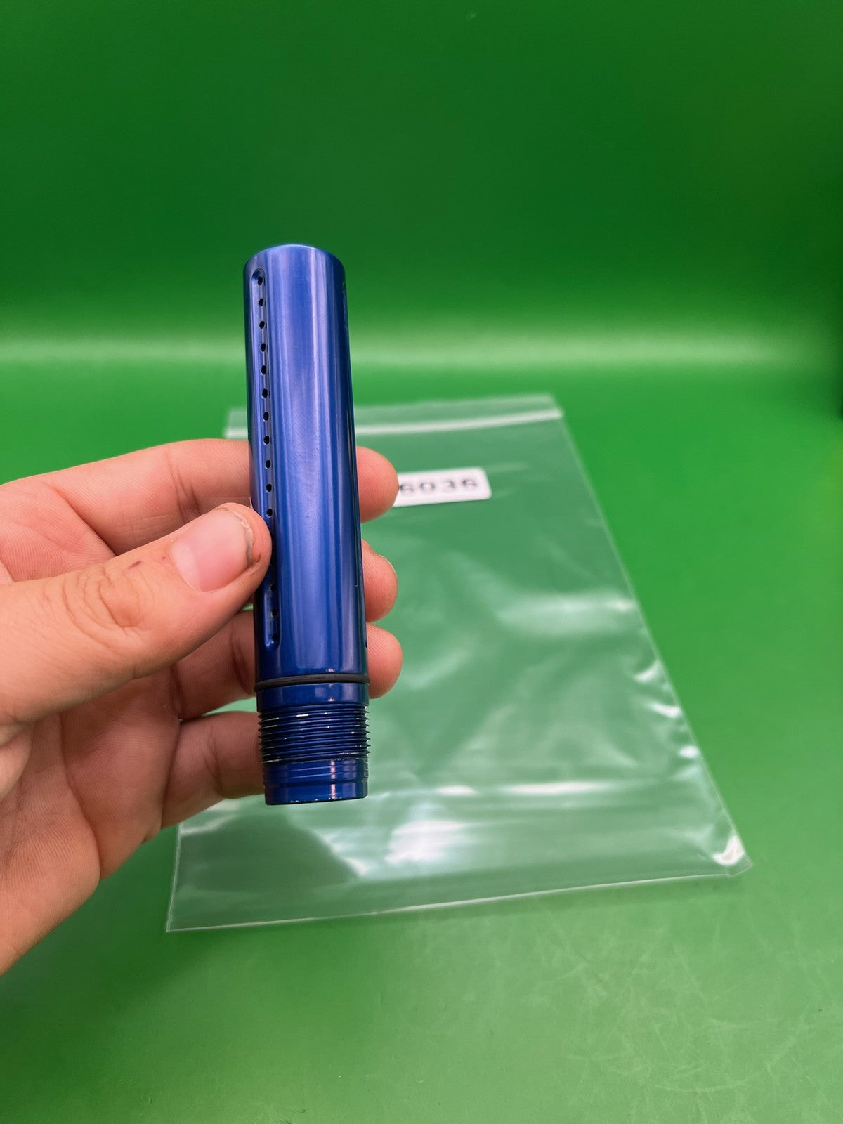 J&amp;J Performance Barrel Back Blue Autococker 4.5" - used paintball barrel back - blue anno