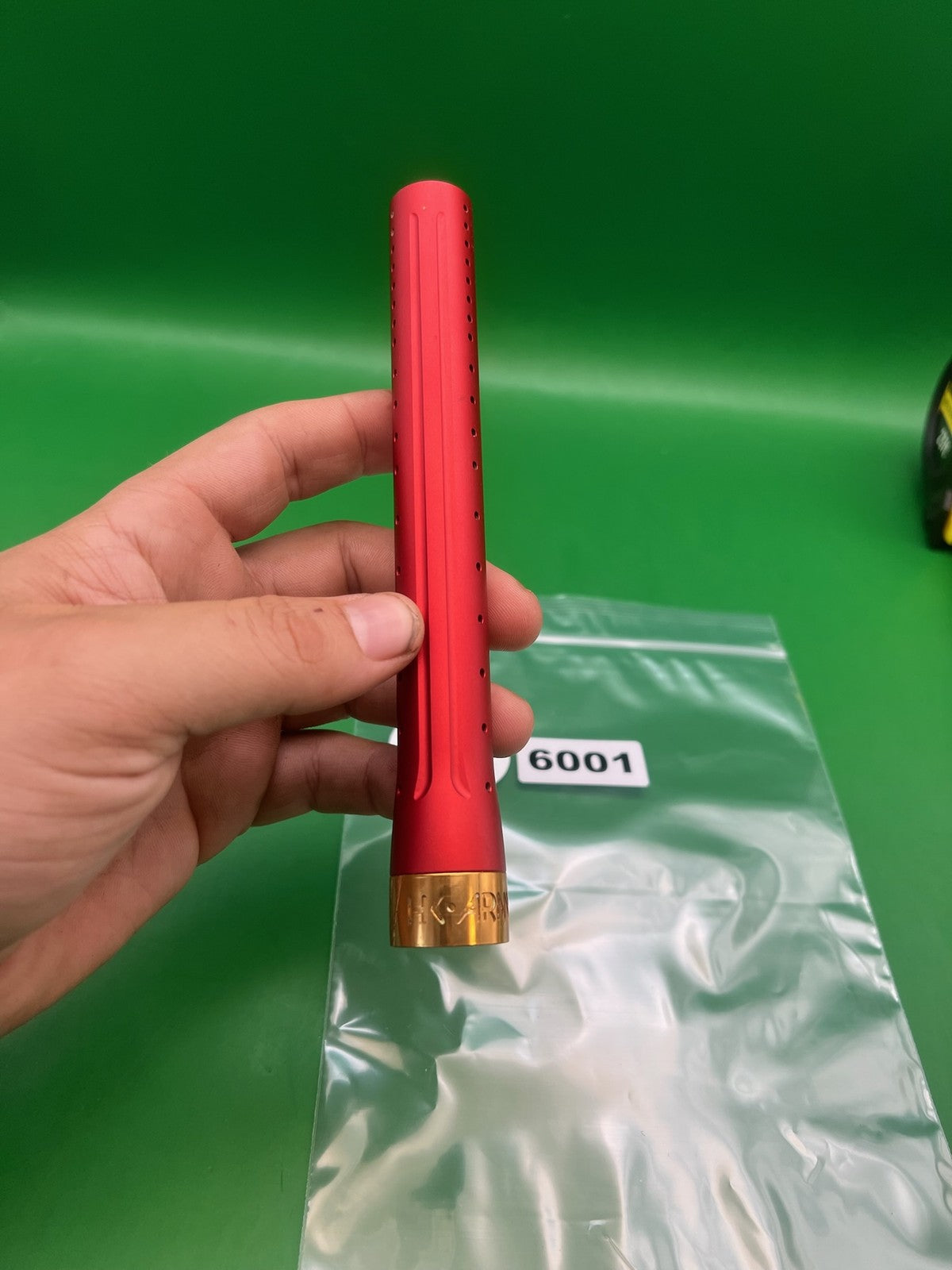 HK Army LAZR Barrel Tip 8" Red Gold - used paintball barrel tip - red/gold