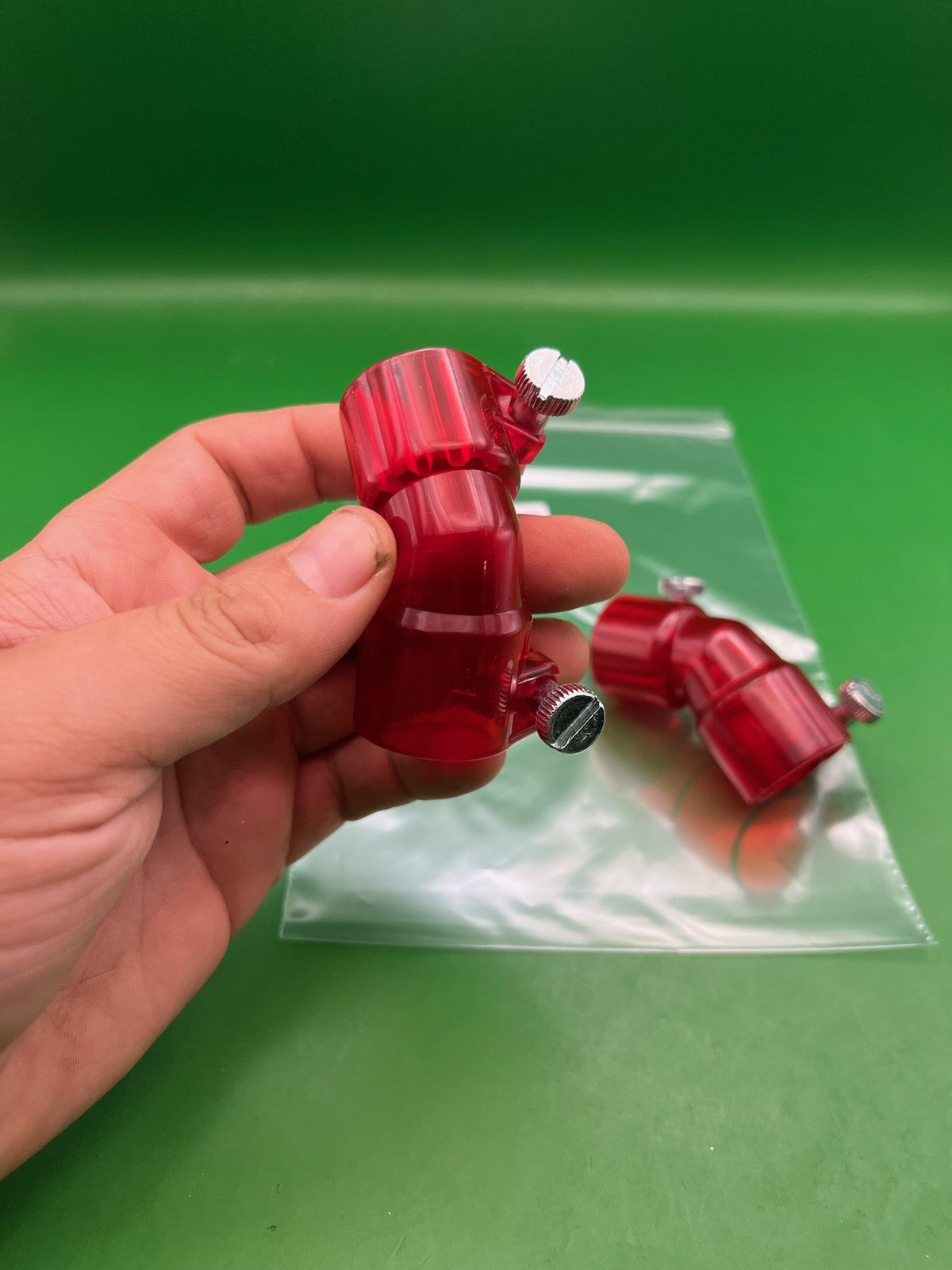Pair of Two Red Paintball Right Feed Elbows - used paintball feed elbow - red