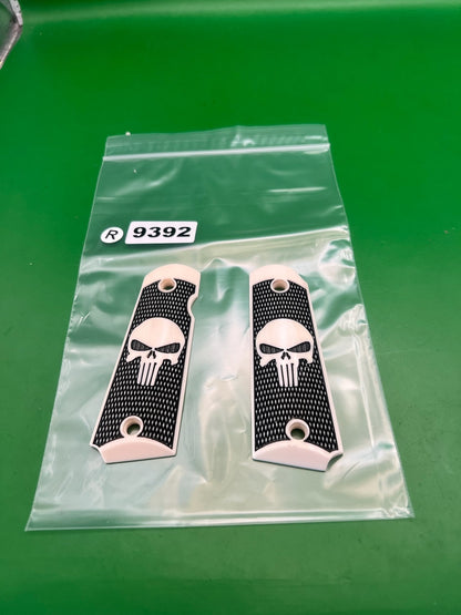 Punisher 1911 45 Full Size Skull Grip Panels Black White Ambi Cut Pair