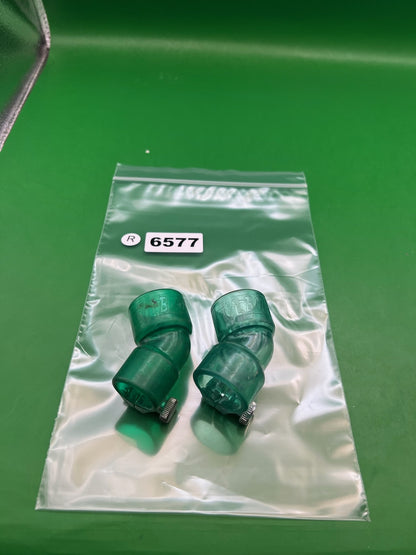 Pair of Two Green Paintball Right Feed Elbows - used paintball feed elbow - translucent green