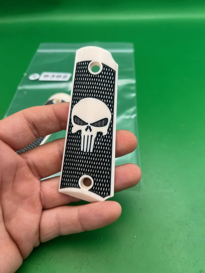Punisher 1911 45 Full Size Skull Grip Panels Black White Ambi Cut Pair