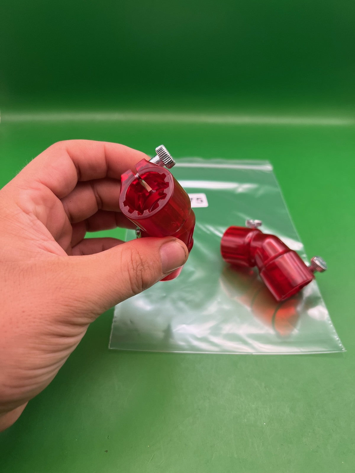 Pair of Two Red Paintball Right Feed Elbows - used paintball feed elbow - red