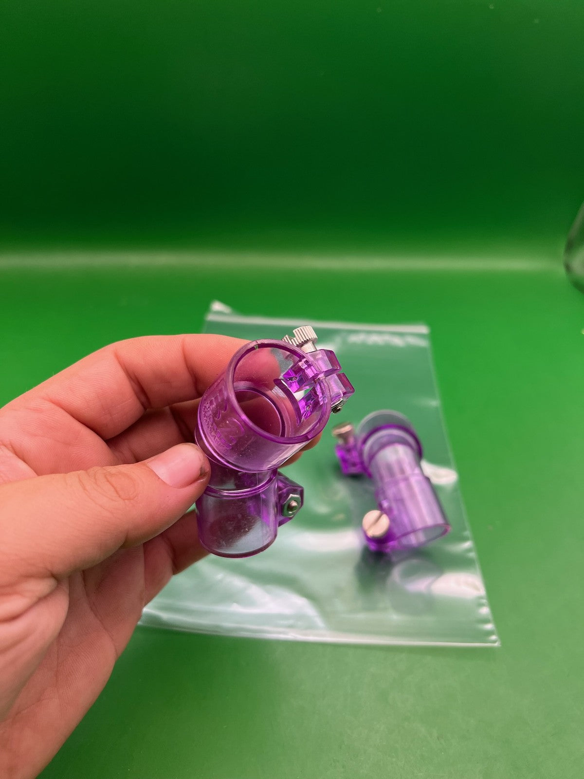 Pair of Two Purple Paintball Right Feed Elbows - used paintball feed elbow - purple