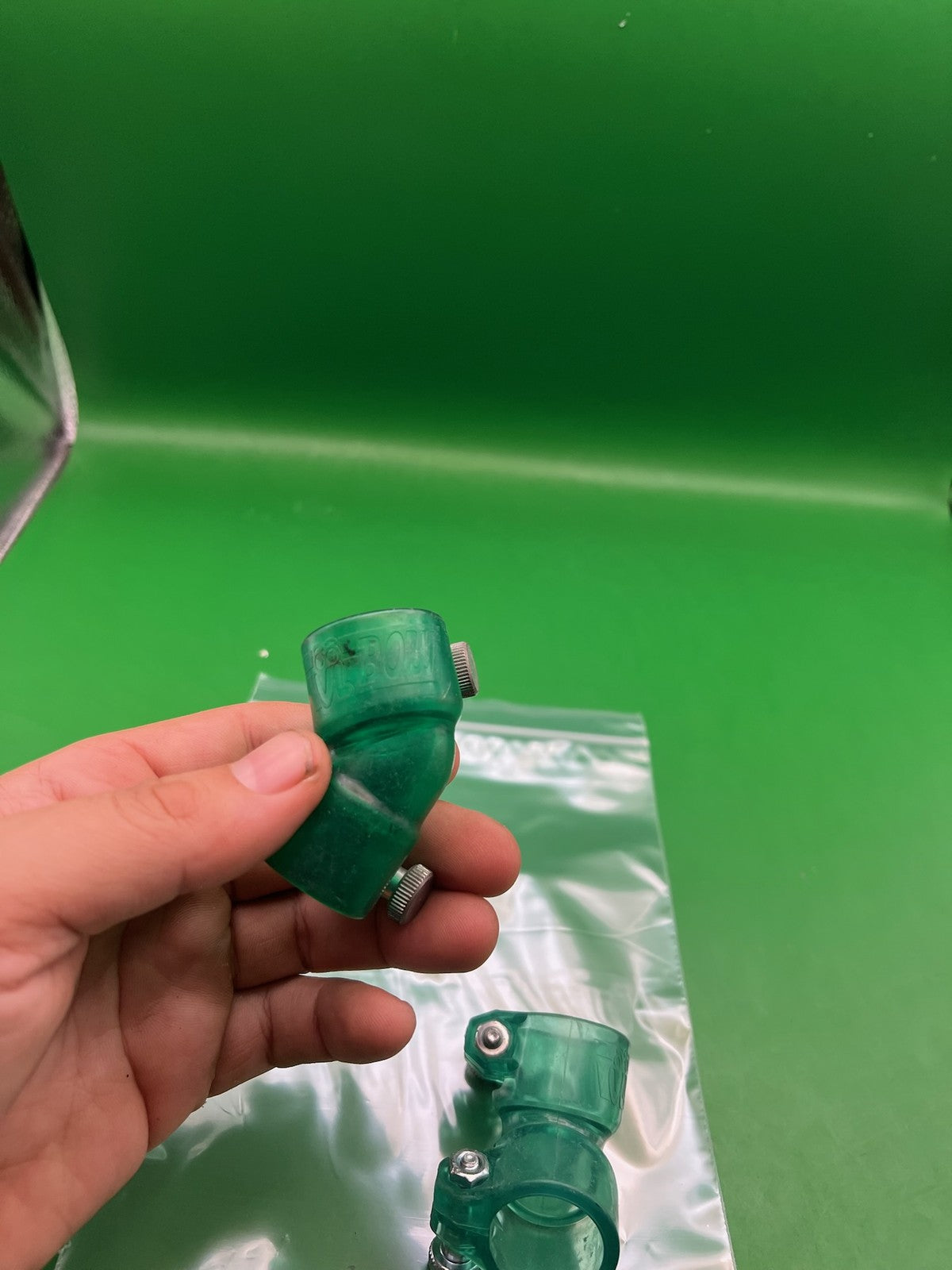 Pair of Two Green Paintball Right Feed Elbows - used paintball feed elbow - translucent green